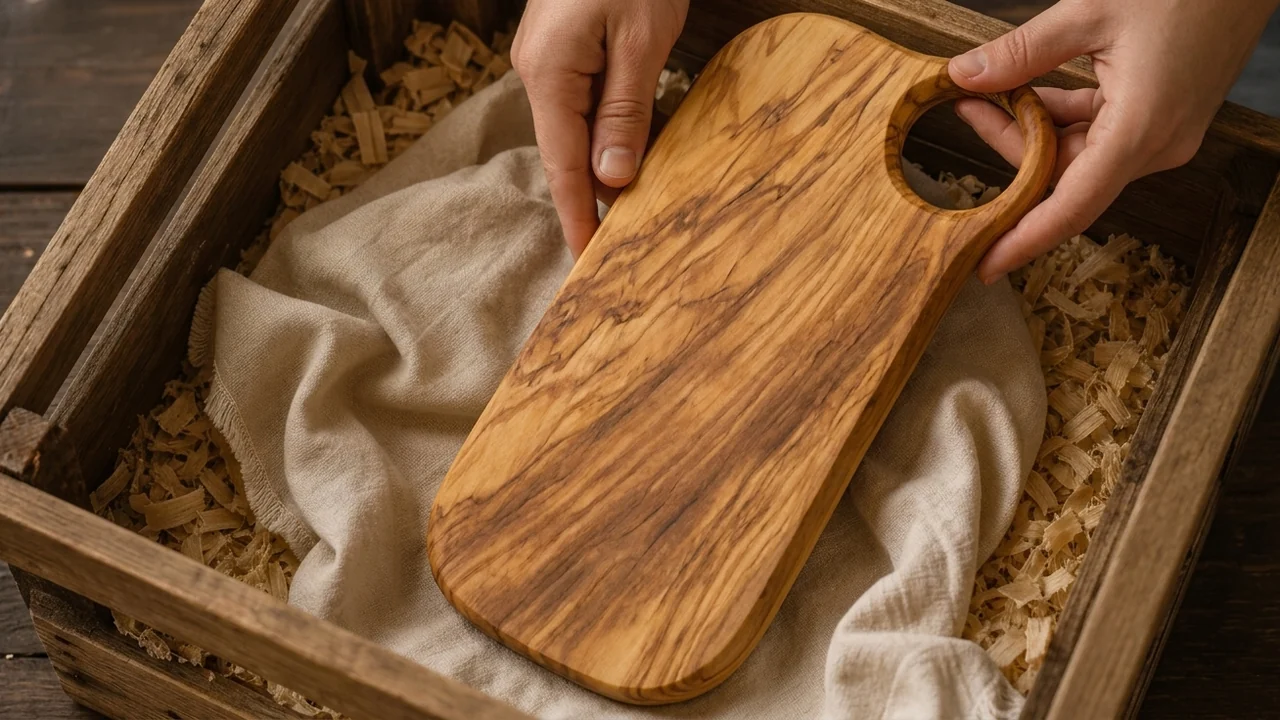 Olive wood board packed for shipping