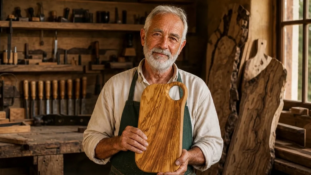 Olive wood serving board on a workshop bench