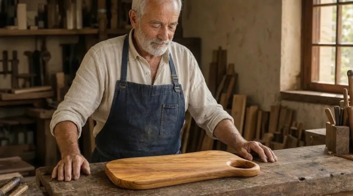 Maker beside a finished olive wood board in his workshop