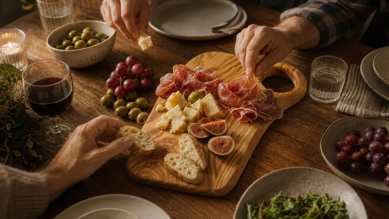 Olive wood board with bread and cheese